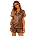 thumbnail image 2 of Cozy Couple Pajamas Set Short Sleeve Collar Button Down Tops with Side Slit Short Pants Sleepwear for Women Coffee,L, 2 of 7