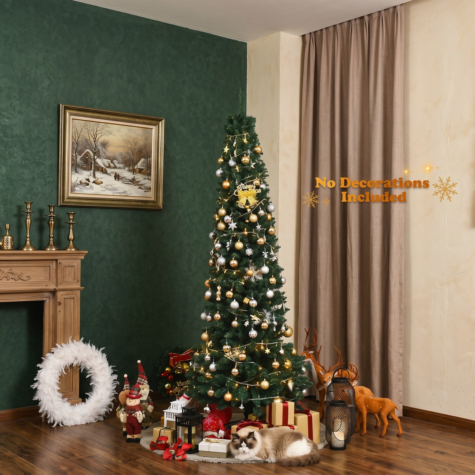RUIE 7FT Artificial Slim Pencil Christmas Tree, PVC Unlit Narrow Xmas Tree with 700 Branch Tips and Sturdy Iron Stand for Home Holiday Corner Decor, Green