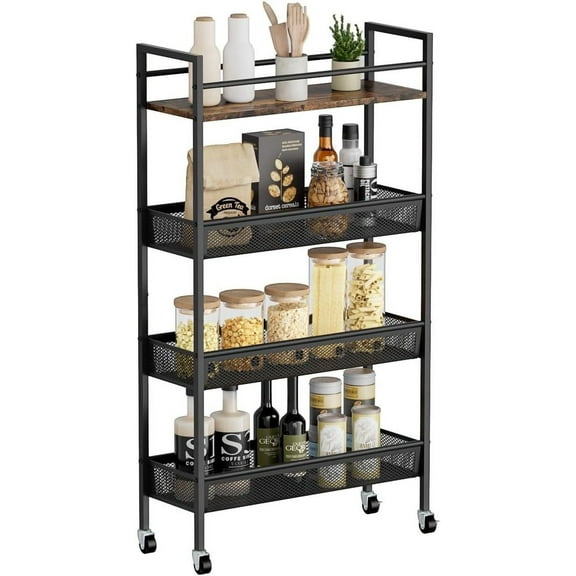 Slim Storage Cart, 4 Tier 5.9 in Wide Kitchen Slim Rolling Cart, Narrow Kitchen Cart with Handle and Wood Top, Metal Organization and Storage for Kitchen, Bathroom, Laundry Room, Black