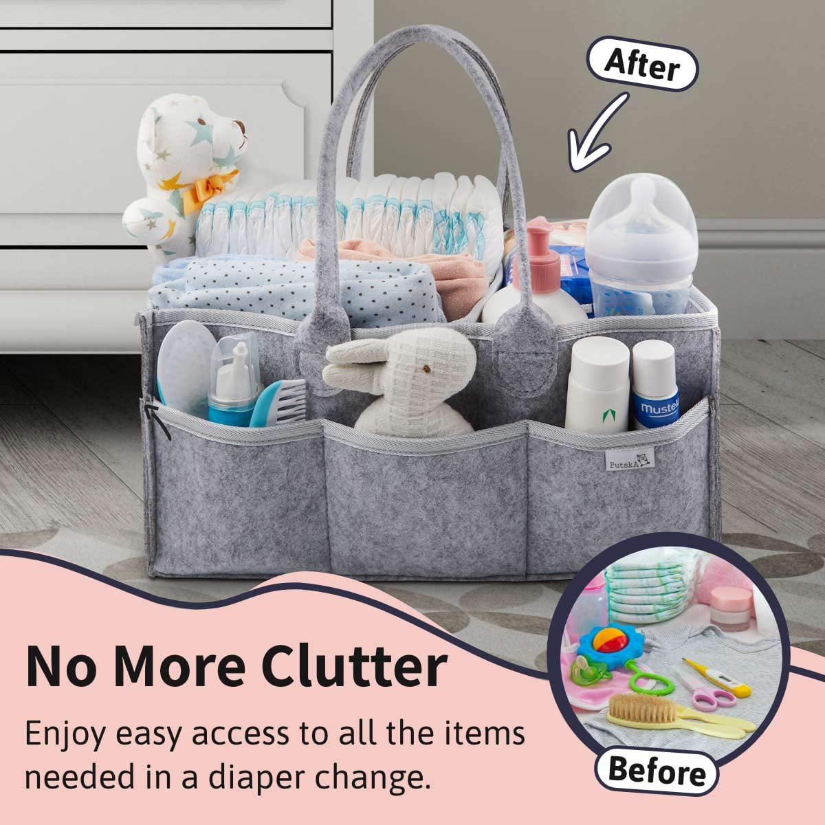 Putska Baby Diaper Caddy Organizer 2 Bibs Portable Holder Bag for Changing Table and Car Nursery Essentials Storage bins gifts with 2 Pacifier Clips 