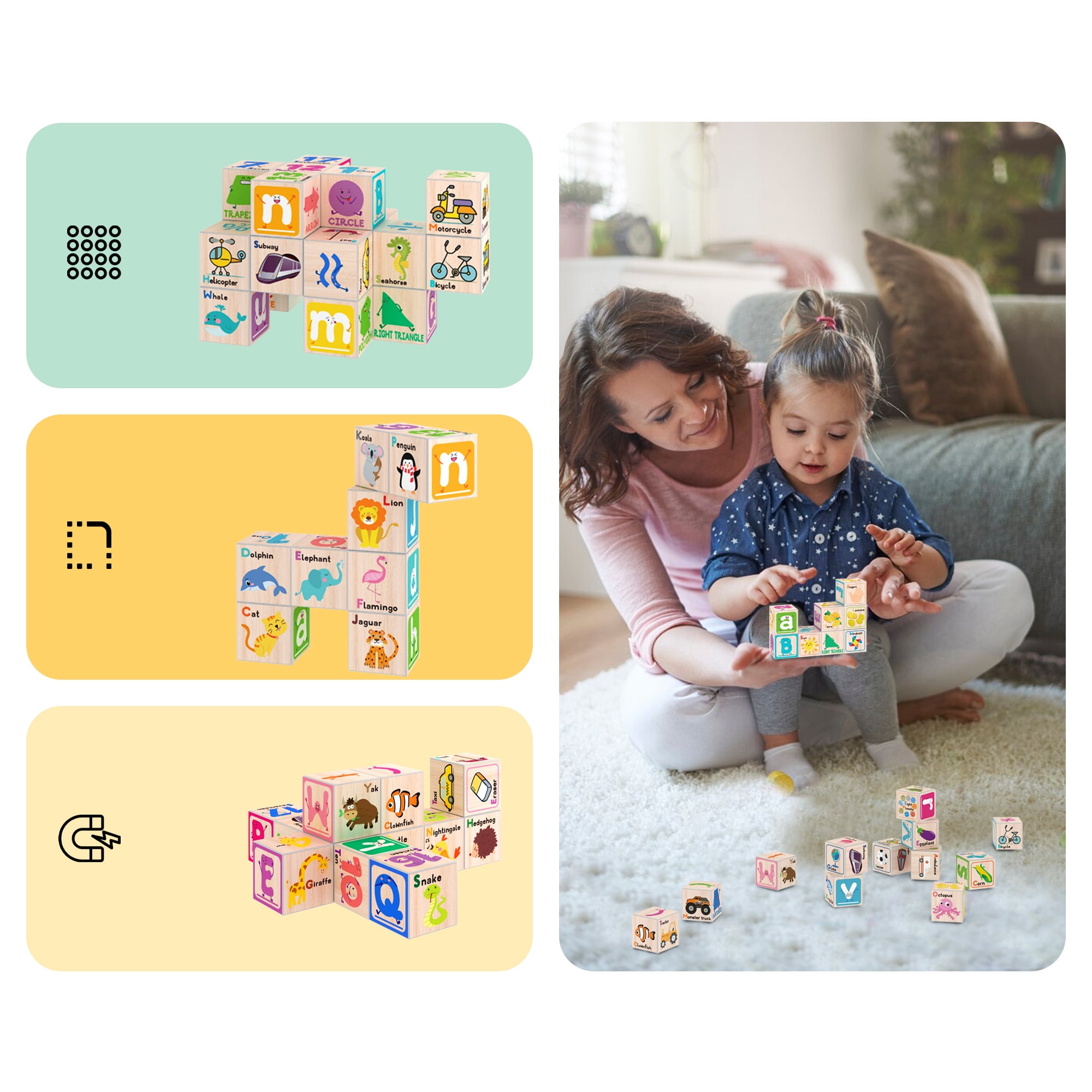 PicassoTiles 36PCS 1" Magnetic Puzzle Cubes, 216 Patterns, Alphabet, Numbers & Shapes STEM Educational Sensory Building Toy for Kids 3+