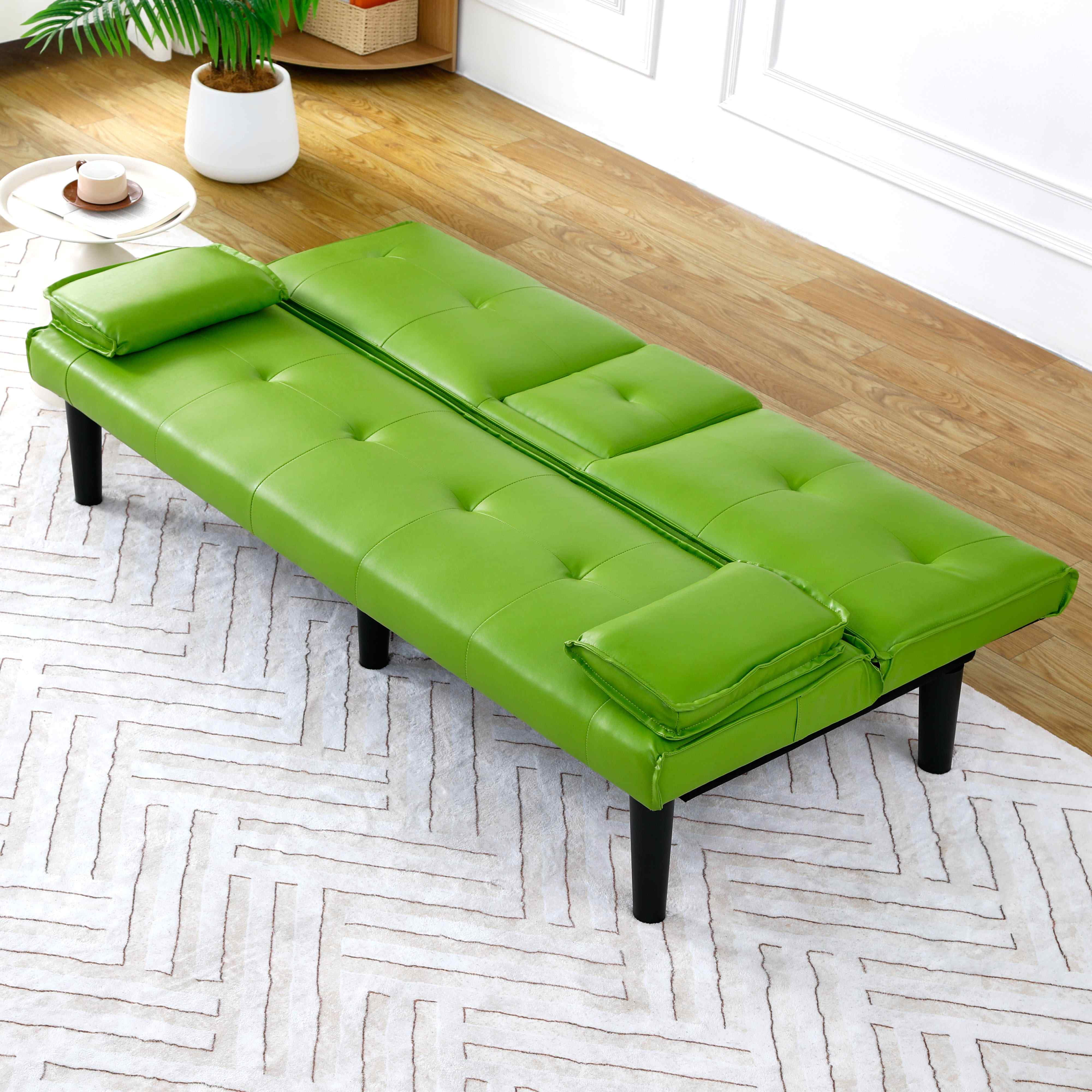 FFH 67" Futon Sofa Bed Loveseat Sleeper with Cup Holders, Folding PVC Couch for Living Room, Green