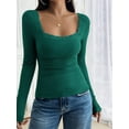 thumbnail image 5 of Womens Long Sleeve Shirts Square Neck Ribbed Knit Crop Tops Fall Outfits Fashion Clothes Green XS, 5 of 9