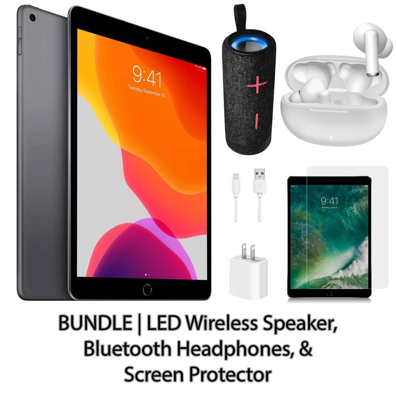 Restored Apple iPad 7 10.2" 128GB Space Gray (Wifi) Bundle: LED Wireless Speaker, Bluetooth Headphones, & Screen Protector (Refurbished)