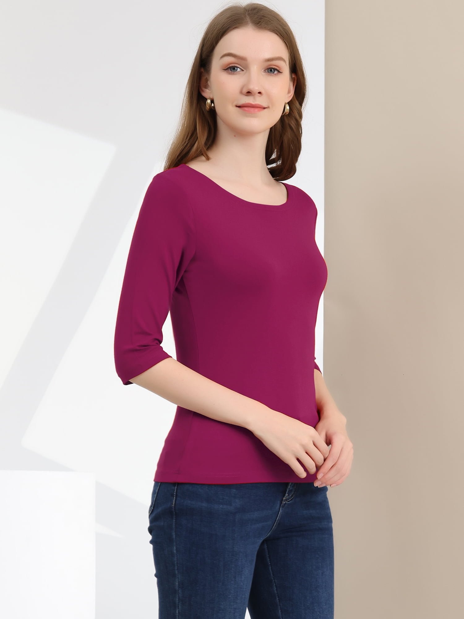 DARING DIVA Women's Elbow Sleeves Boat Neck Slim Fit Classic Tee M Fuchsia
