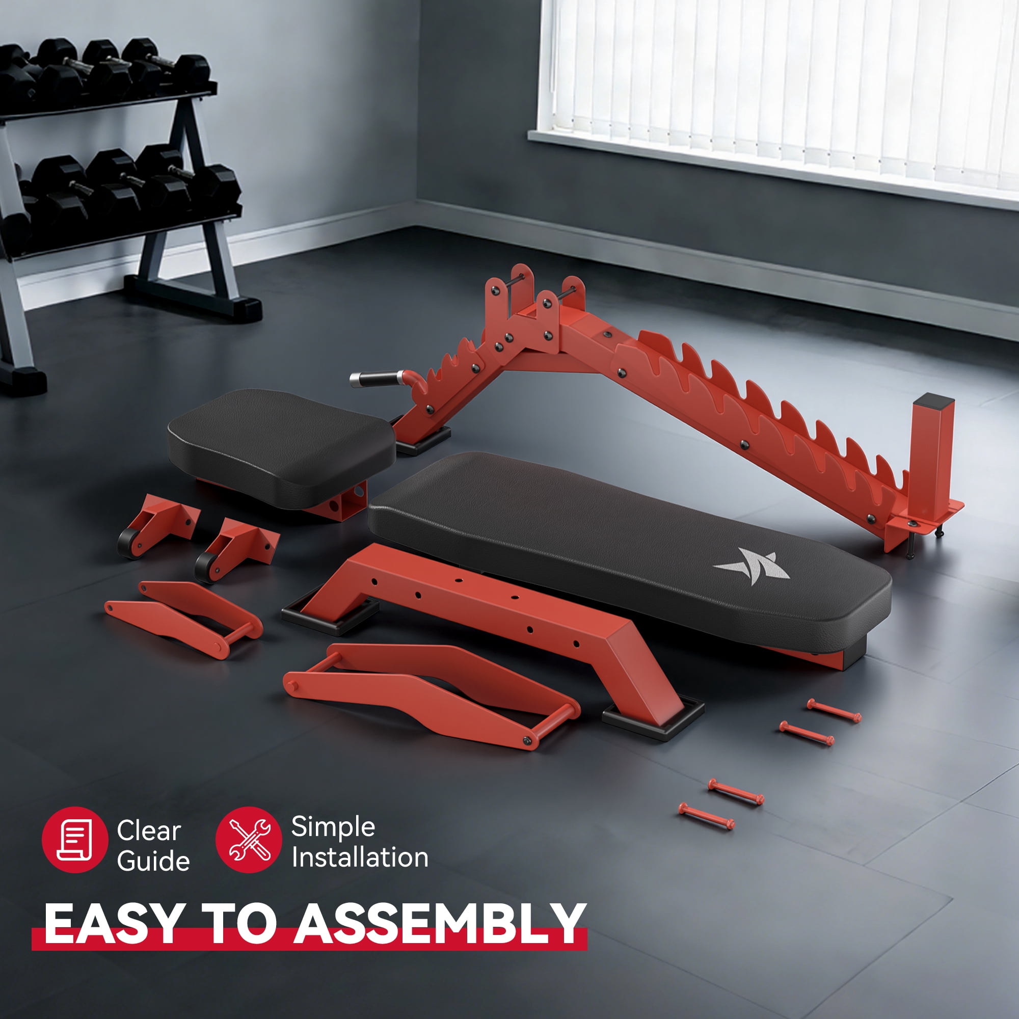FASTES Adjustable Weight Bench 8 Positions Foldable Workout Bench Heavy-duty Weight Bench Press for Home Gym Full Body Strength Training, Max Weight 1400lbs, Red