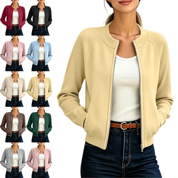Jackets for Women Lightweight Crew Neck Cropped Long Sleeve Zip-up Jacket