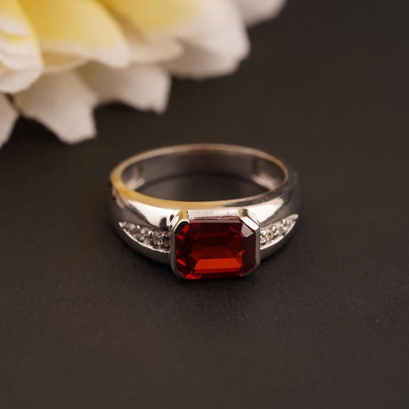 Dreamofdazzles Jewels 2.00 Ct Emerald Cut Red Garnet Mens Engagement Ring 14K White Gold Plated 925 Sterling Silver -8