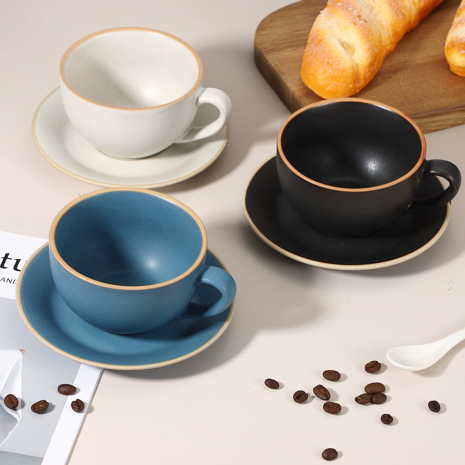 Uxcell Handmade Vintage Espresso Cups, 9.5 oz Coffee Cups and Saucers Ceramic Tea Cup with Handle Dishwasher and Microwave Safe for Latte Cappuccino Milk Office Home Gifts, Morandi Black