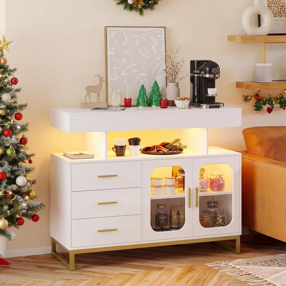 40" LED Buffet Cabinet with Charging Station, Sideboards Cabinet with RGB 12-Color, Coffee Bar Cabinet with 3 Drawers for Kitchen, Dining Room, White