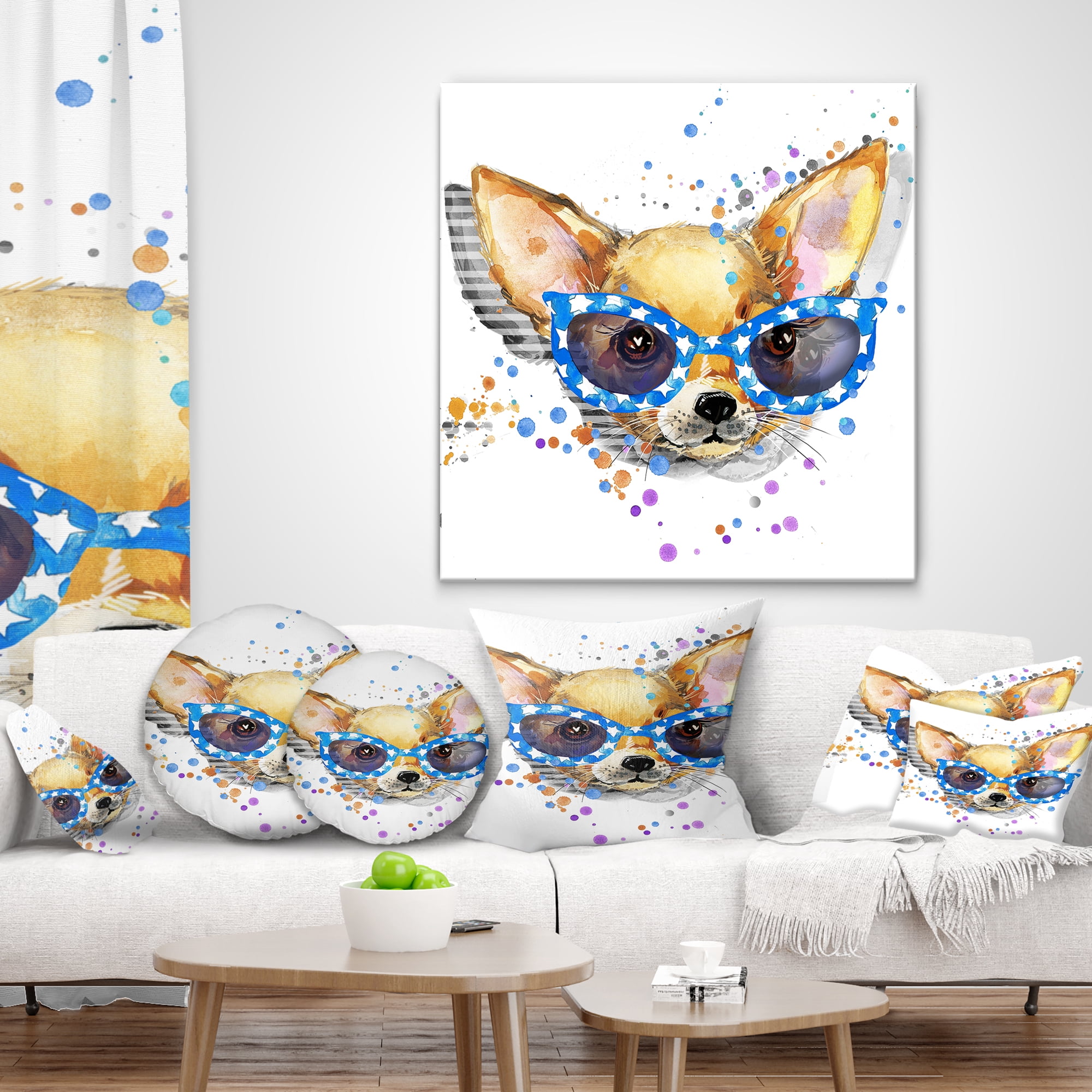 Designart Cute Puppy with Blue Glasses - Animal Throw Pillow - 16x16