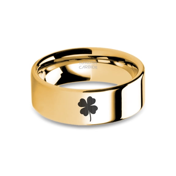 Four Leaf Clover Engraved Yellow Gold Polished Tungsten Ring, 8mm, Size 15