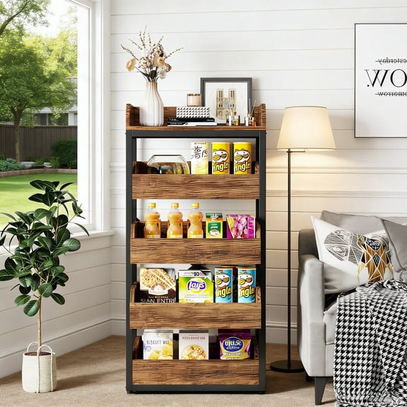 Fnova 46" 5-Tier Wood Storage Rack, Pull-Out Snack Stand Fruit Vegetable Basket Stand, Shelf Organizer with Heavy-Duty Metal Frame for Kitchen, Living Room, Bedroom