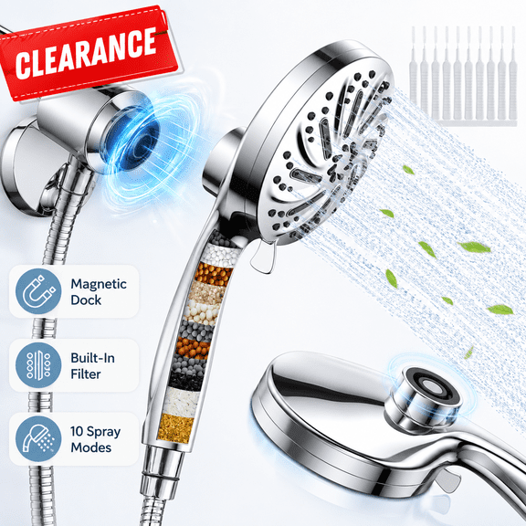 YDLW Magnetic Showerhead with Filter, 10 High Pressure Spray Modes, with Extra-Long 79" Hose & 10 Cleaning Needles– Chrome Finish