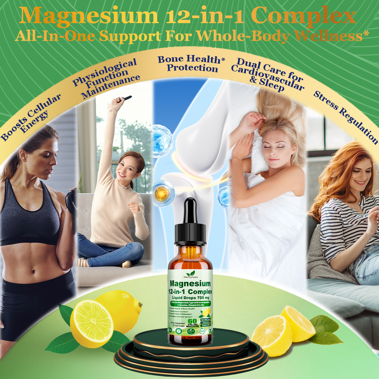 2Pack 12-in-1 Magnesium Complex Liquid Drops, Chelated Magnesium Citrate Glycinate Taurate Malate Aspartate w. Ashwagandha Theanine D3 & Zinc for Relaxation Sleep Immune Health & Muscle Function