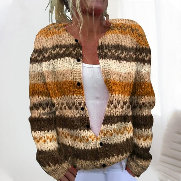 Fznquz Women Sweaters Knitted Casual Cardigan Sweaters Brown Long Sleeve Soft Button Down Winter Cover Up