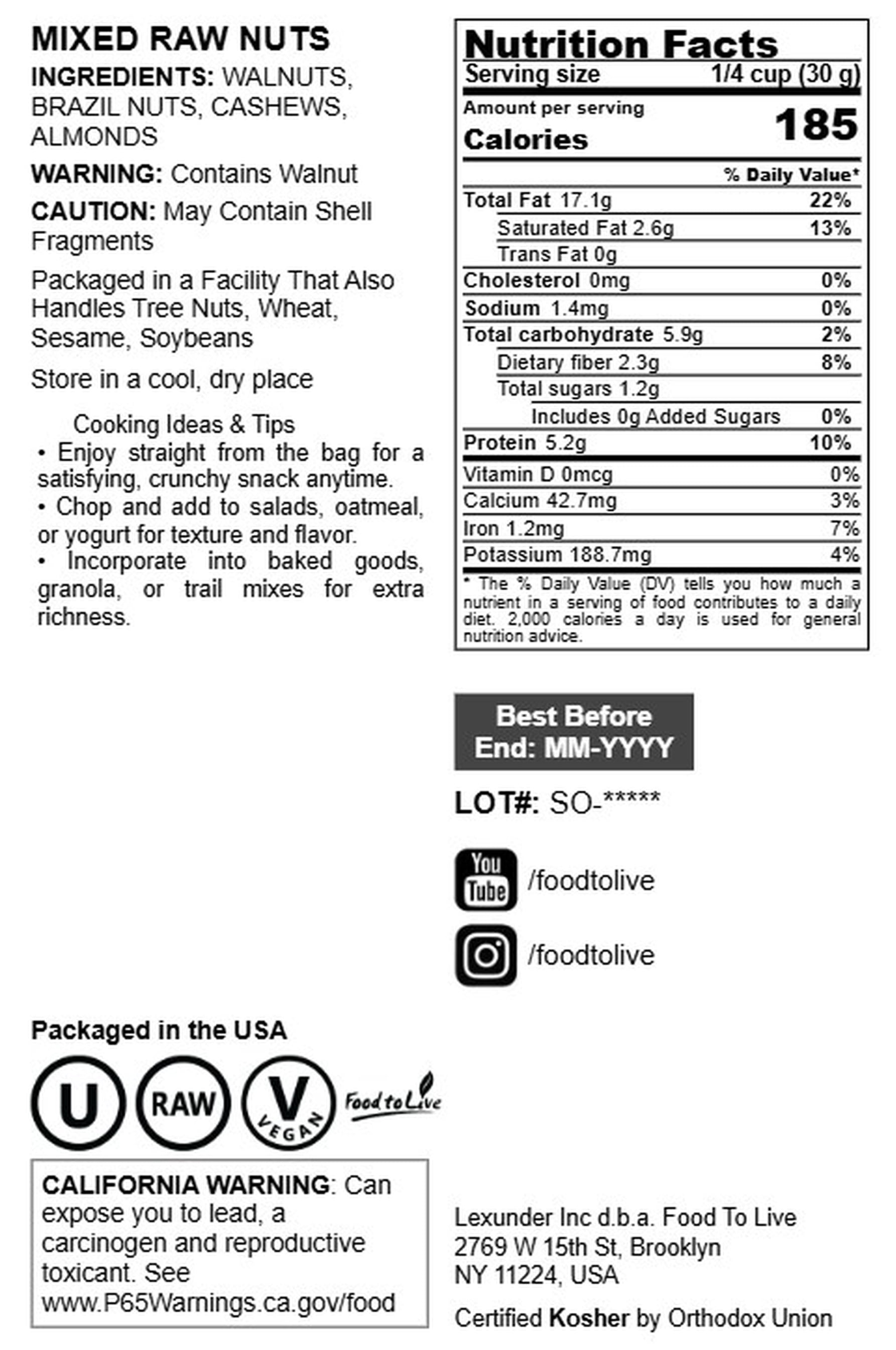 Food to Live Mixed Raw Nuts, 4 Pounds – Cashews, Brazil Nuts, Walnuts, Almonds
