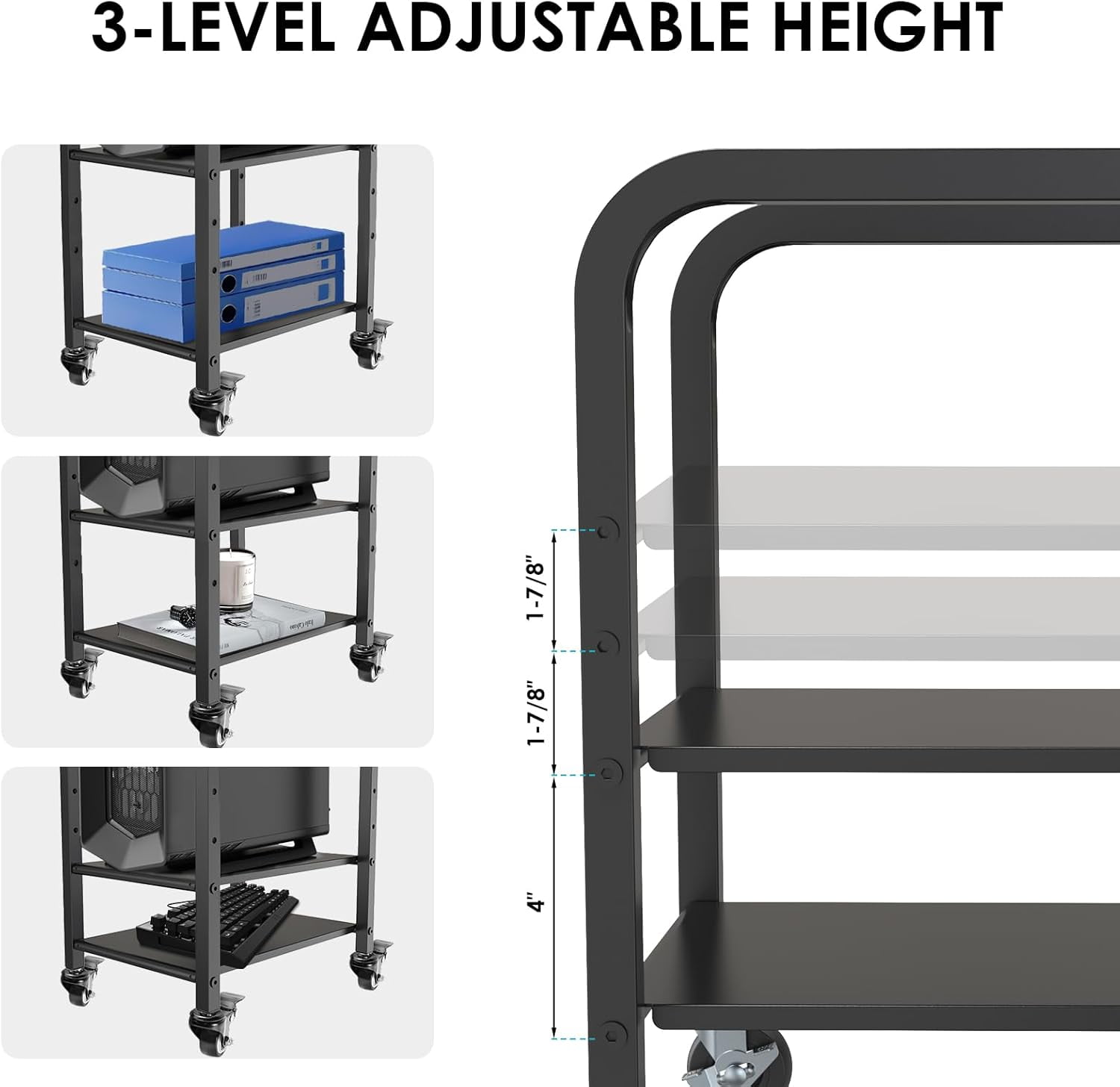 360Tronix Height Adjustable Computer Tower Stand, Metal Rolling Cart on Wheels for ATX Case Printer, Black Square Tube