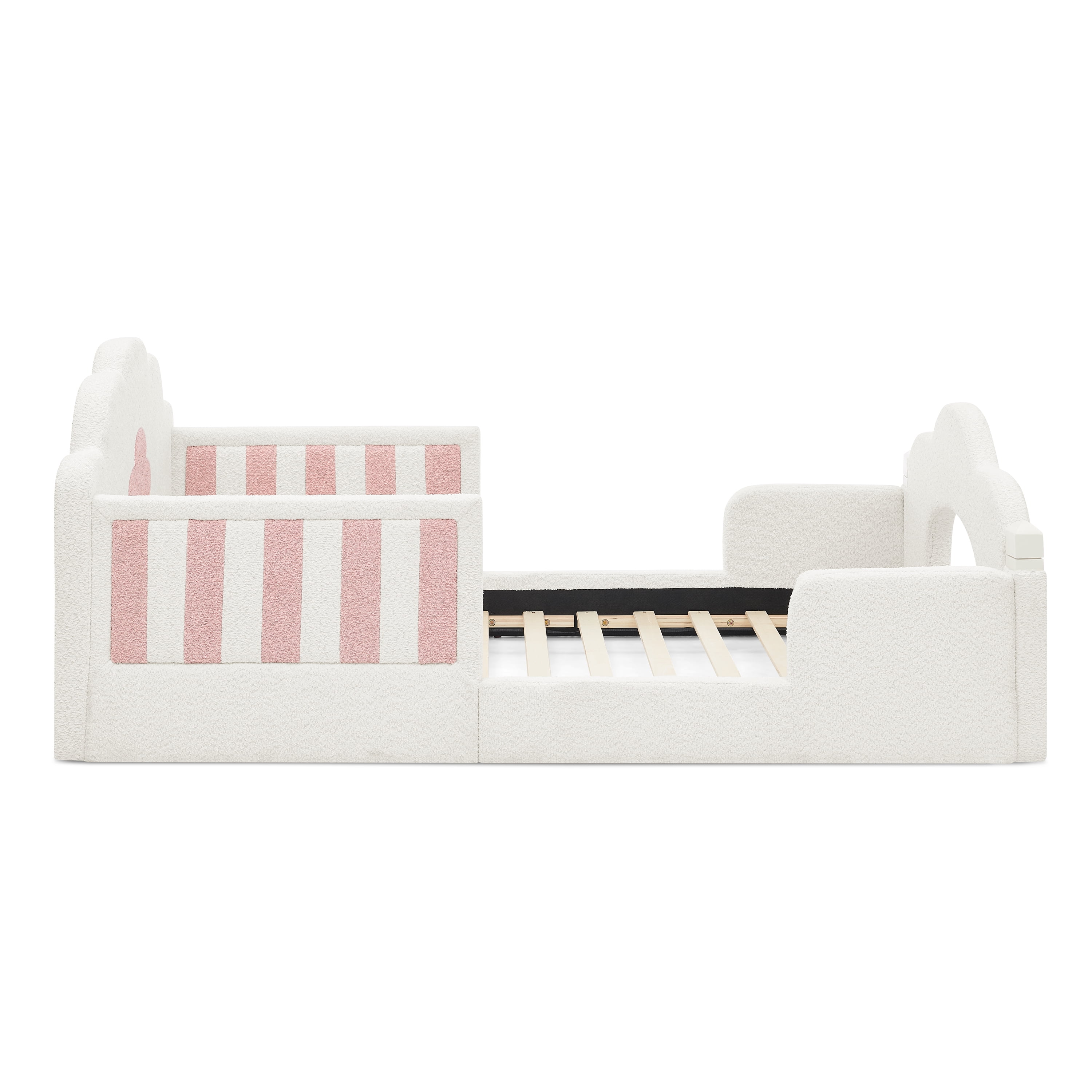 Twin Size Cloud Bed with Safety Guardrail, Solid Wood Bed Frame for Bedroom, Boucle Fabric
