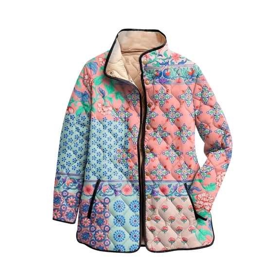 Wutalume Women's Floral Print Stand Up Collar Pleated Cotton Long Sleeved Button Cotton Jacket, Elegant Pattern, Comfortable Fit, Ideal for Spring and Fall Fashion,Blue L