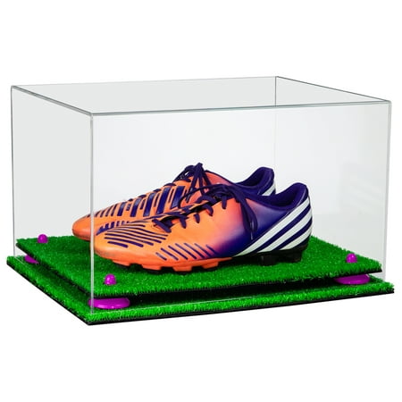 Deluxe Clear Acrylic Large Shoe Pair Display Case for Basketball Shoes Soccer Cleats Football Cleats with Purple Risers and Turf Base