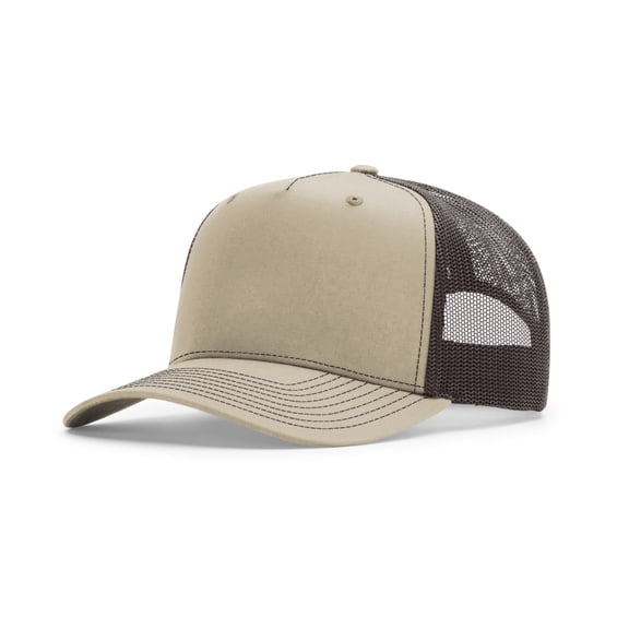 Richardson Five Panel Champ Trucker Hat (112FPC), One Size Fits Most, Split Khaki/Coffee