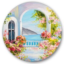 Designart 'Pink Flowers With Traditional Greek House' Nautical & Coastal Circle Metal Wall Art 29x29 - Disc of 29