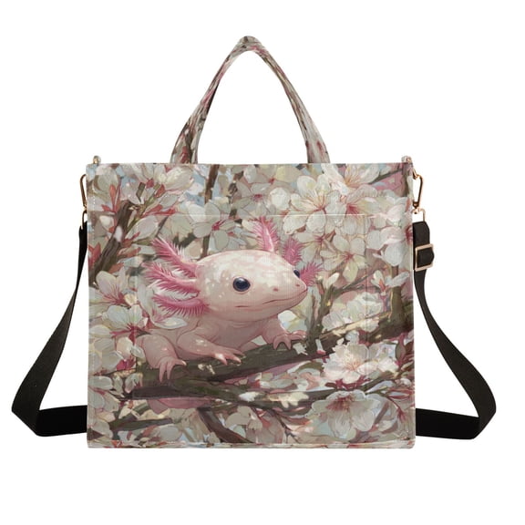 Wobogo Axolotl Cherry Blossom Corduroy Tote Bag for Women Travel Crossbody Bag Purse Women Shoulder Bags Work Handbags Daily Commuter Bag 10.2×9inch
