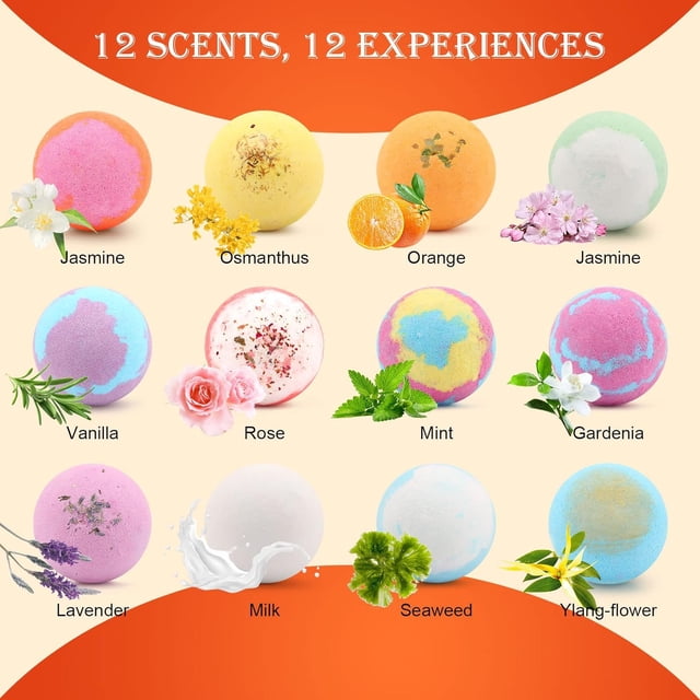 12-Piece Bath Bombs Set - Colorful & Natural Fizzies for Relaxing Bath Time, Gift for Self-Care & Spa Lovers