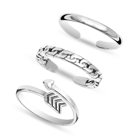 LeCalla 925 Sterling Silver Toe Rings Light-Weight Band, Curb Link and Arrow Open Adjustable Toe Rings for Female Set of 3 Pcs
