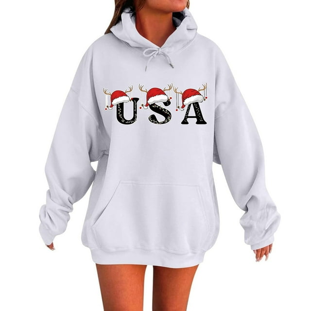 WILLBEST Sudadera de Mujer, Estilo Casual de Invierno, con Estampado Navideño Del Alfabeto, Bolsillo con Cordón Ajustable y Manga Larga Grande