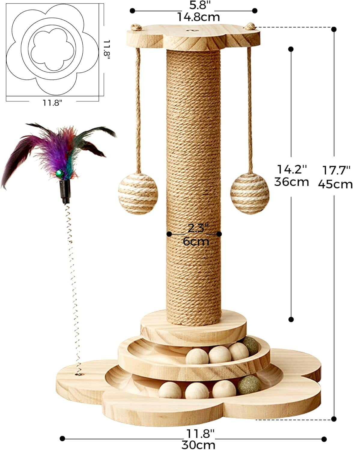 4 in 1 Wooden & Sisal Cat Scratching Post with 2 Level Cat Track Balls & Interactive Feather Toy, Natural Wood