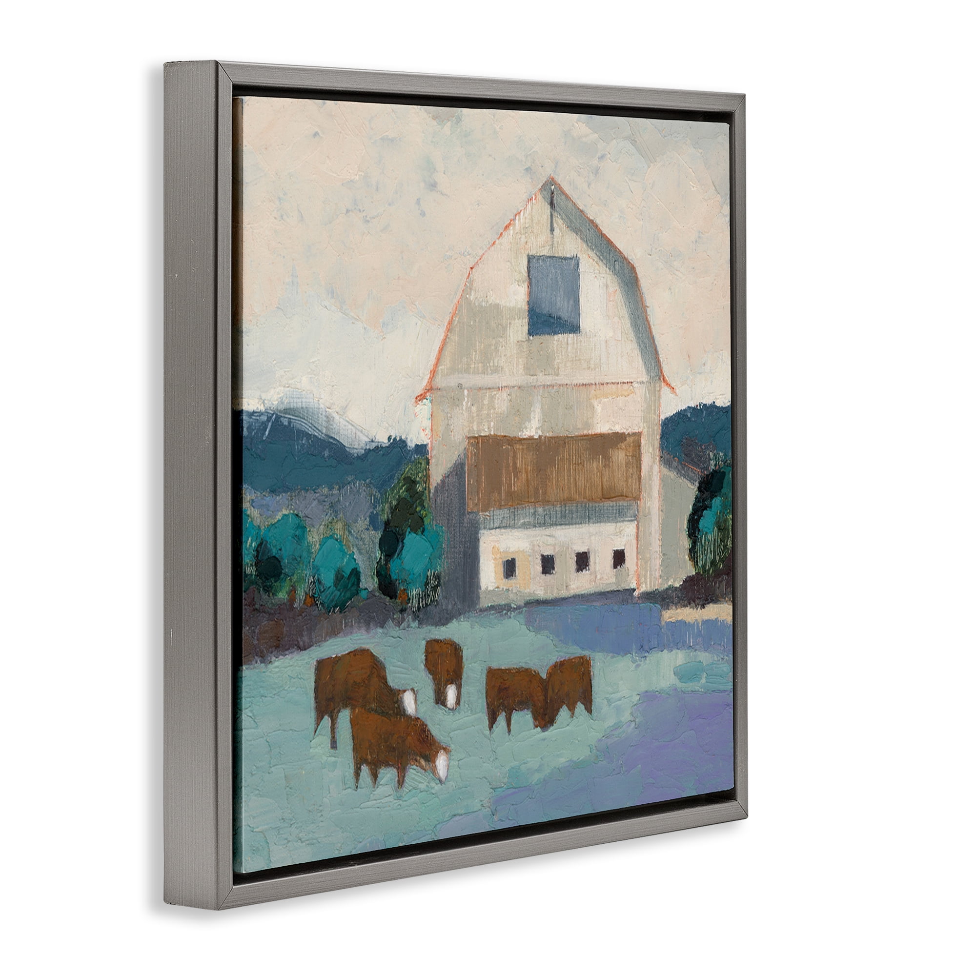 Stupell Industries Barnyard Grazing Cattle Landscape Painting Gray Floater Framed Canvas Art Print Wall Art, 25 x 25