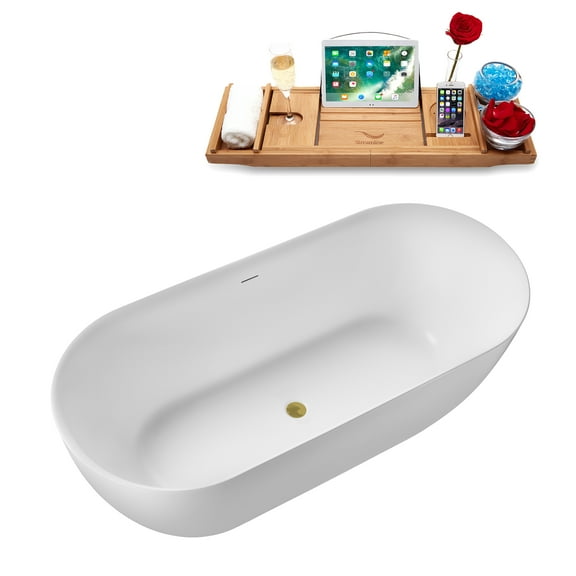 67" Streamline G-41-196-BGL Soaking Glossy White Freestanding Tub and Tray With Internal Drain in Brushed Gold