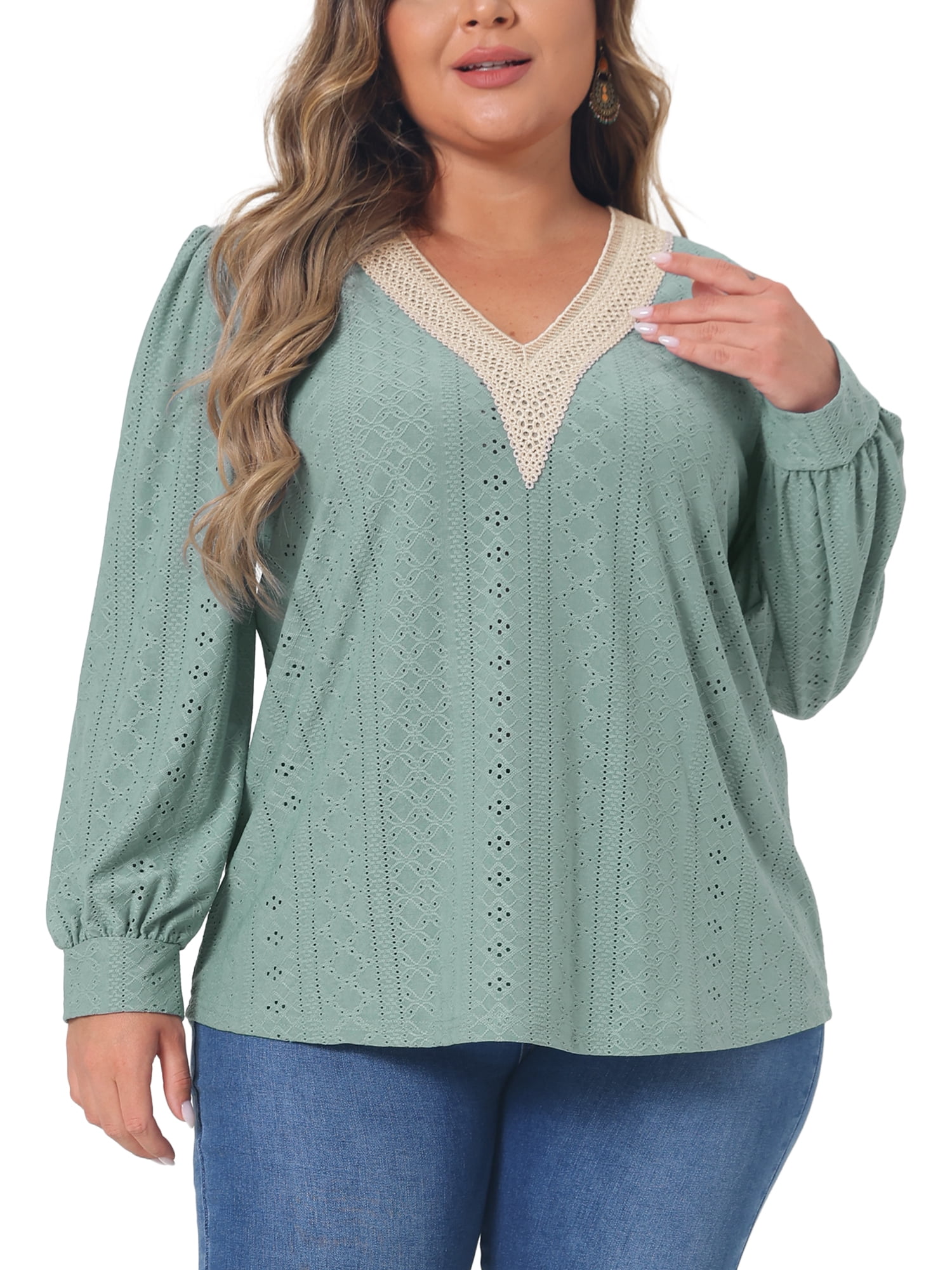 DARING DIVA  Women's Plus Lace V Neck Blouse Casual T Shirt 2X Green