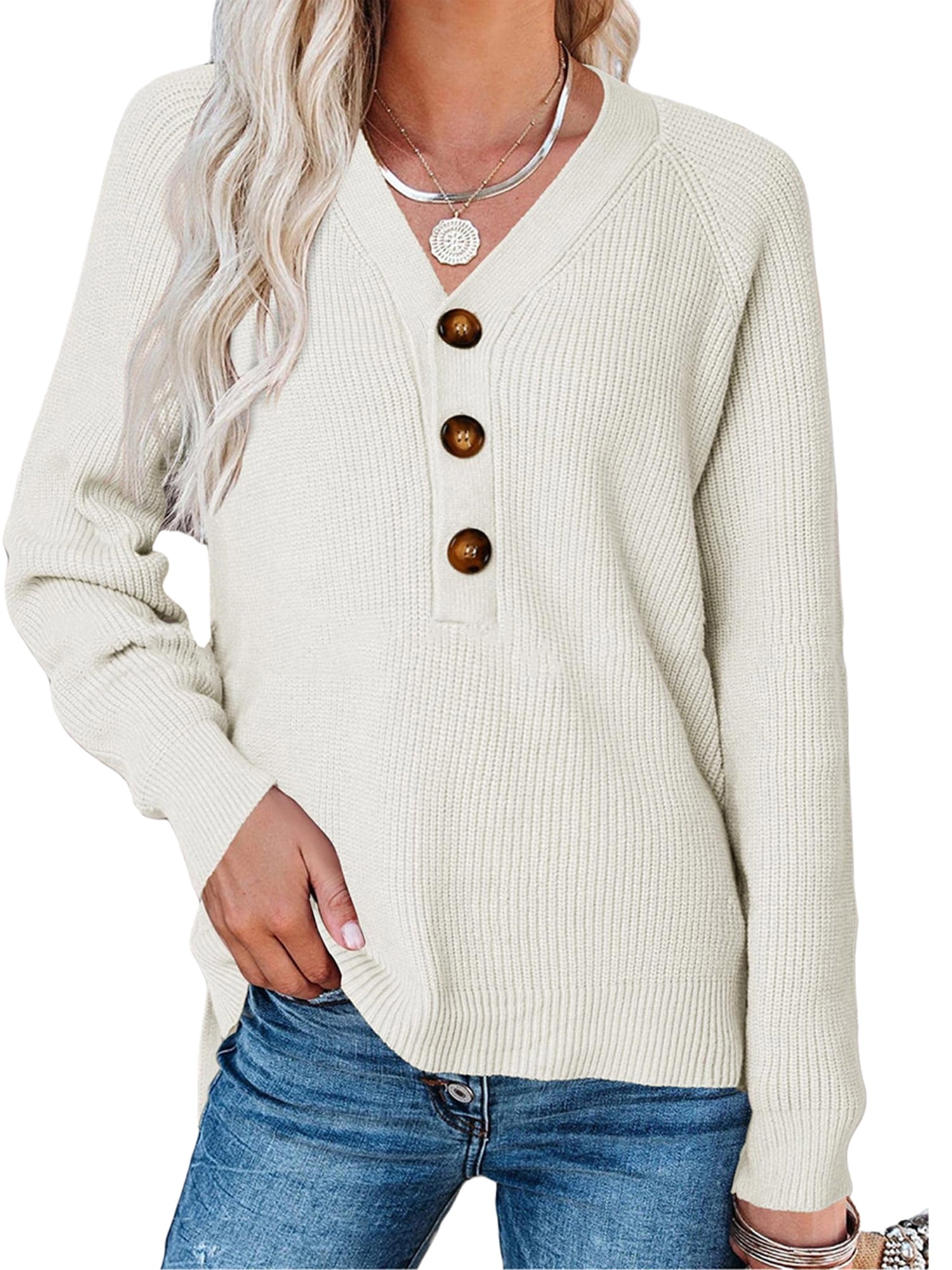 Sweaters for Womens Casual Long Sleeve V Neck Ribbed Knitted Pullover Solid Loose Blouse Tops 
