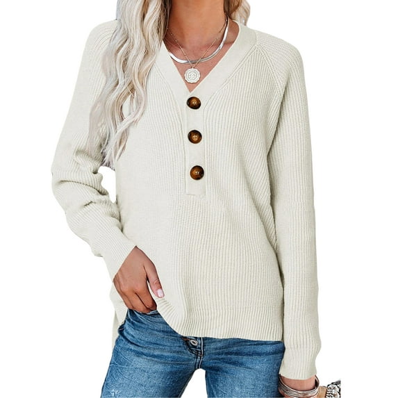 Seyurigaoka Women Casual Loose Style Sweater, Solid Color Long Sleeve V-neck Knitwear