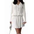 thumbnail image 2 of Women'S Two-Piece Knit Set Long Sleeve V-Neck Sweater with Ruffle Hem Mini Skirt Loungewear White M, 2 of 7
