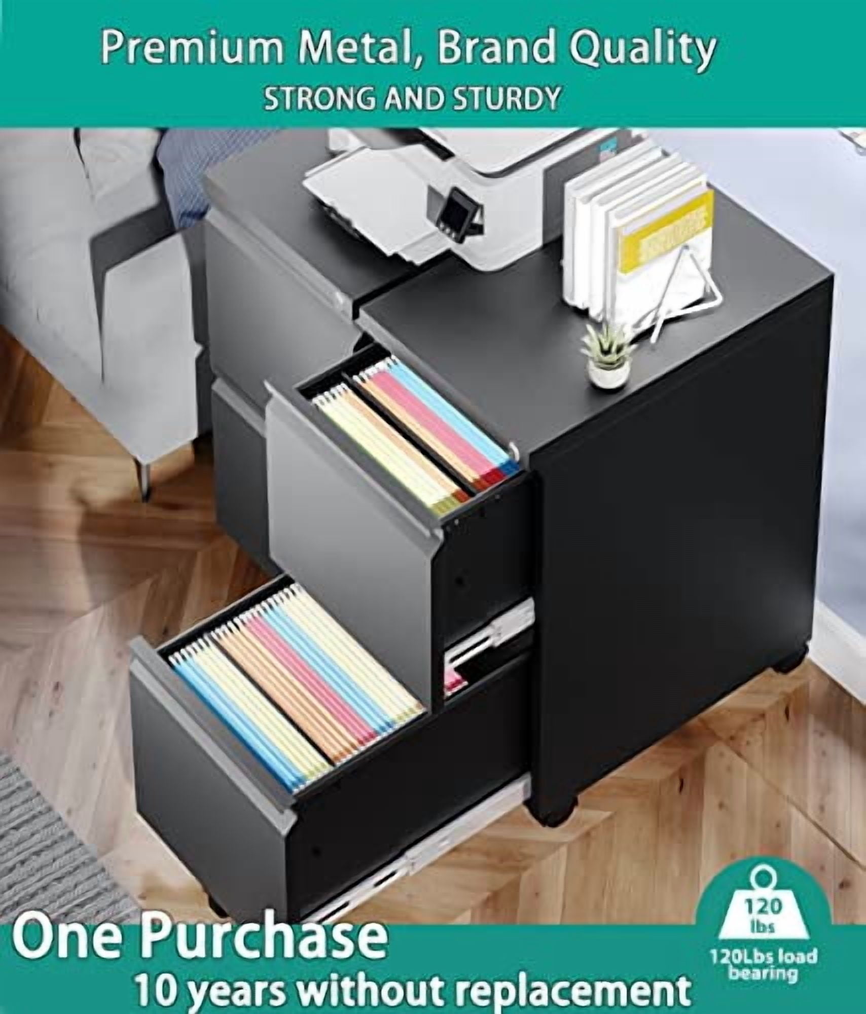 SISESOL 2-Drawer Mobile File Cabinet - Under Desk Storage with Lock, Metal Filing Cabinet for Legal/Letter/A4 Files, Slim Width