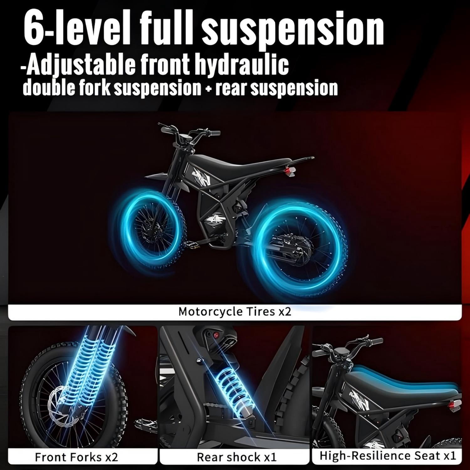 Ridingtimes GT73 Electric Dirt Bike for Adults 2400W 48V Electric Motorcycle 1747Wh Dual Battery 37 MPH 85 mile Range Dual Hydraulic Brakes 6 Layers Full Suspension