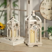 Nuptio Wood Lanterns Decorative Indoor & Outdoor - 12 / 16 Set of 2 Farmhouse White Wooden Candle Holder Lanterns for Wedding Centerpiece Fireplace Mantle Patio Outdoor Decor