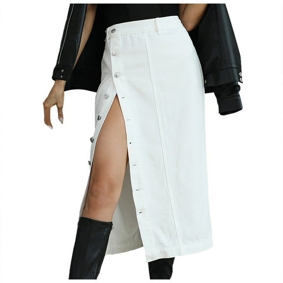 WENWU Women's Irregular Split Denim High Waisted Skirt Wool Skirt Pleated Skirt