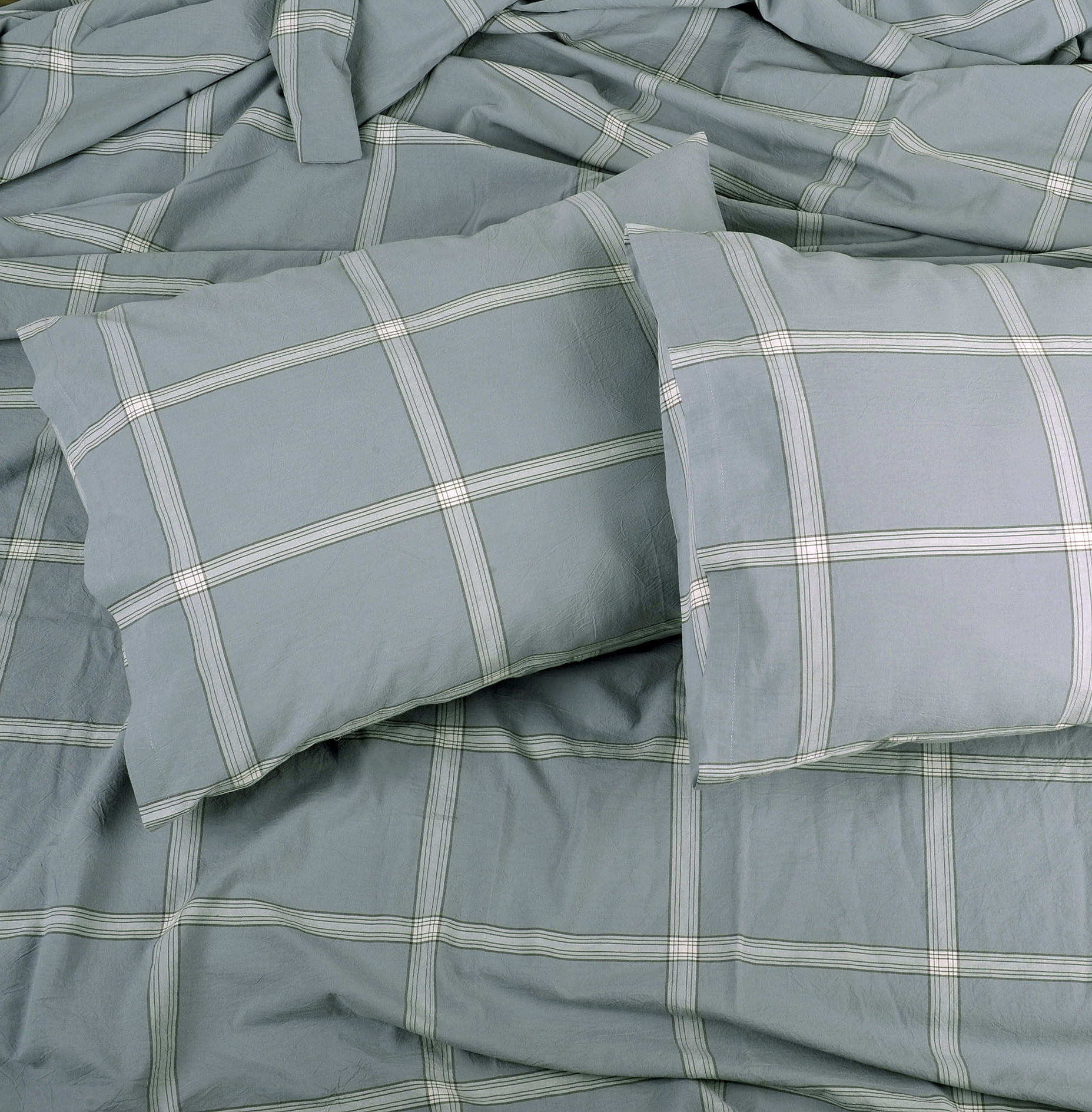 Home Soft Things 3 Piece Washed Cotton Duvet Cover Set, Windowpane, Blue, King (102" x 90")
