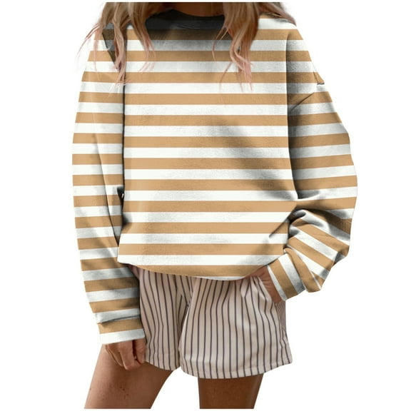 MELDVDIB Womens Sweatshirt Striped Print Long Sleeve Oversized Hoodless Sweatshirt Fall Winter Fashion Casual Crewneck Pullover Tops Beige 2XL
