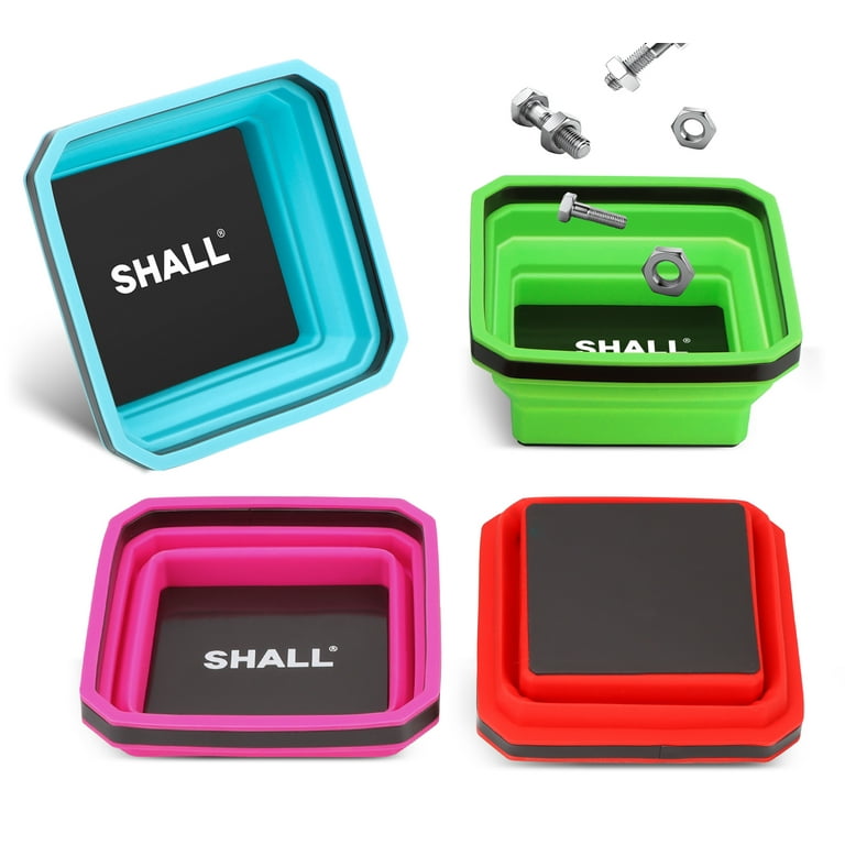 SHALL Collapsible Magnetic Parts Tray Set, 4-Piack Magnetic Tool Trays for  Screw Bolts Nuts Washers Pins and Other Small Metal Parts, 4.5” Square  Silicone Foldable Bowls w/Doul-Sided Magnetic Base 