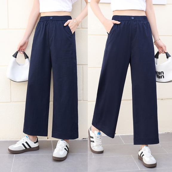 Summer wide leg pants, women's thin cut navy blue loose straight leg pants, cropped pants, elastic waisted casual pants