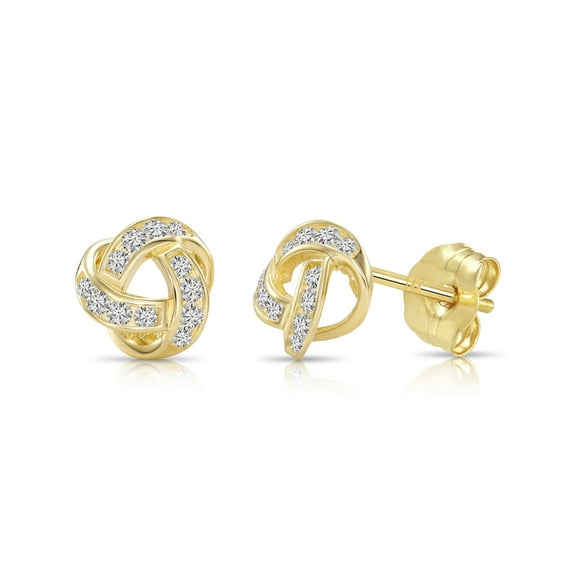 Tilo Jewelry 14K Yellow Gold Dainty Love Knot Stud Earrings with Cubic Zirconia CZ Stones | Secure Push-Backs | Classic Everyday Earrings for Women & Unisex