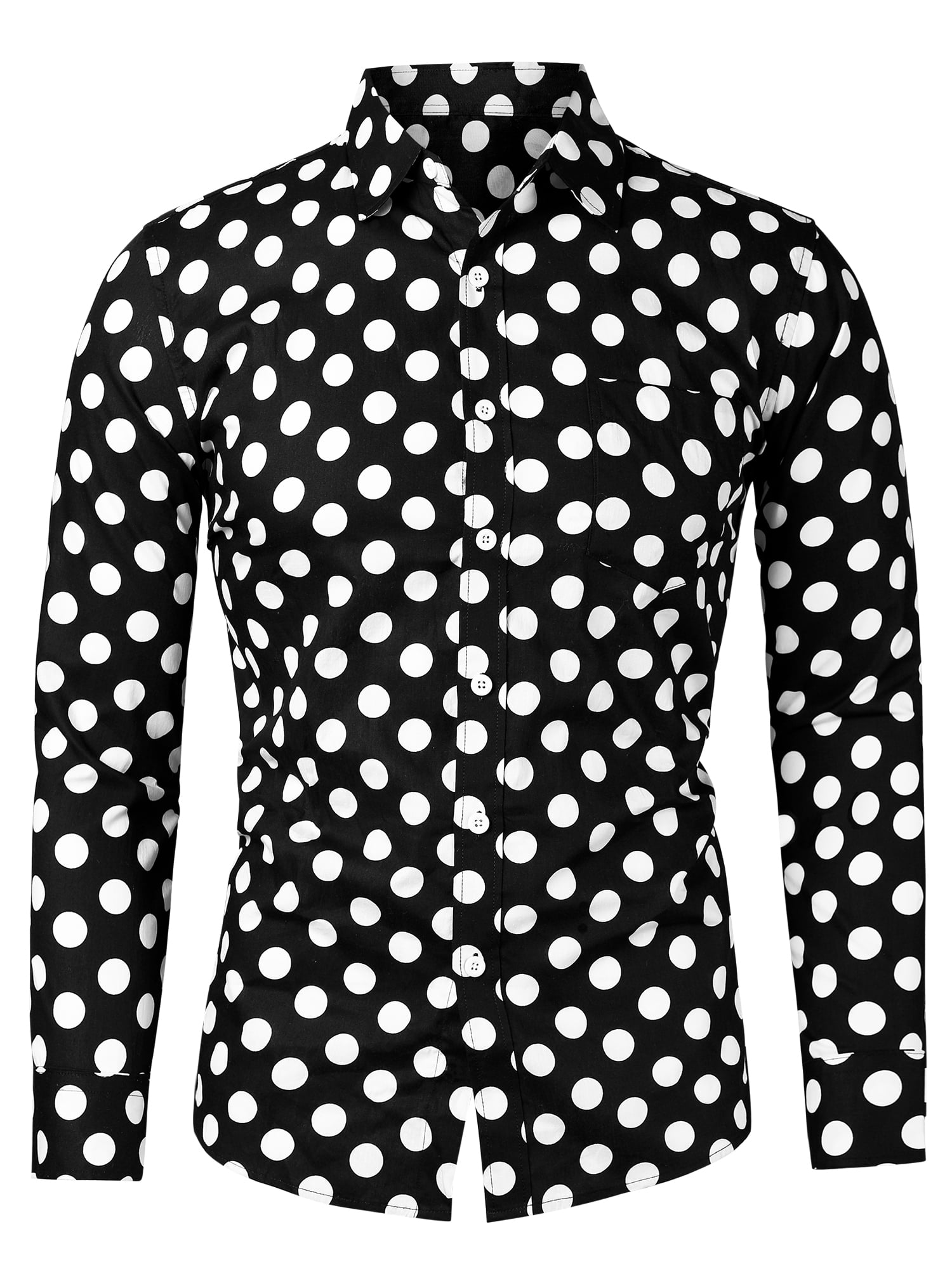 Unique Bargains Men's Long Sleeve Button Slim Polka Dots Shirt 34 Black White