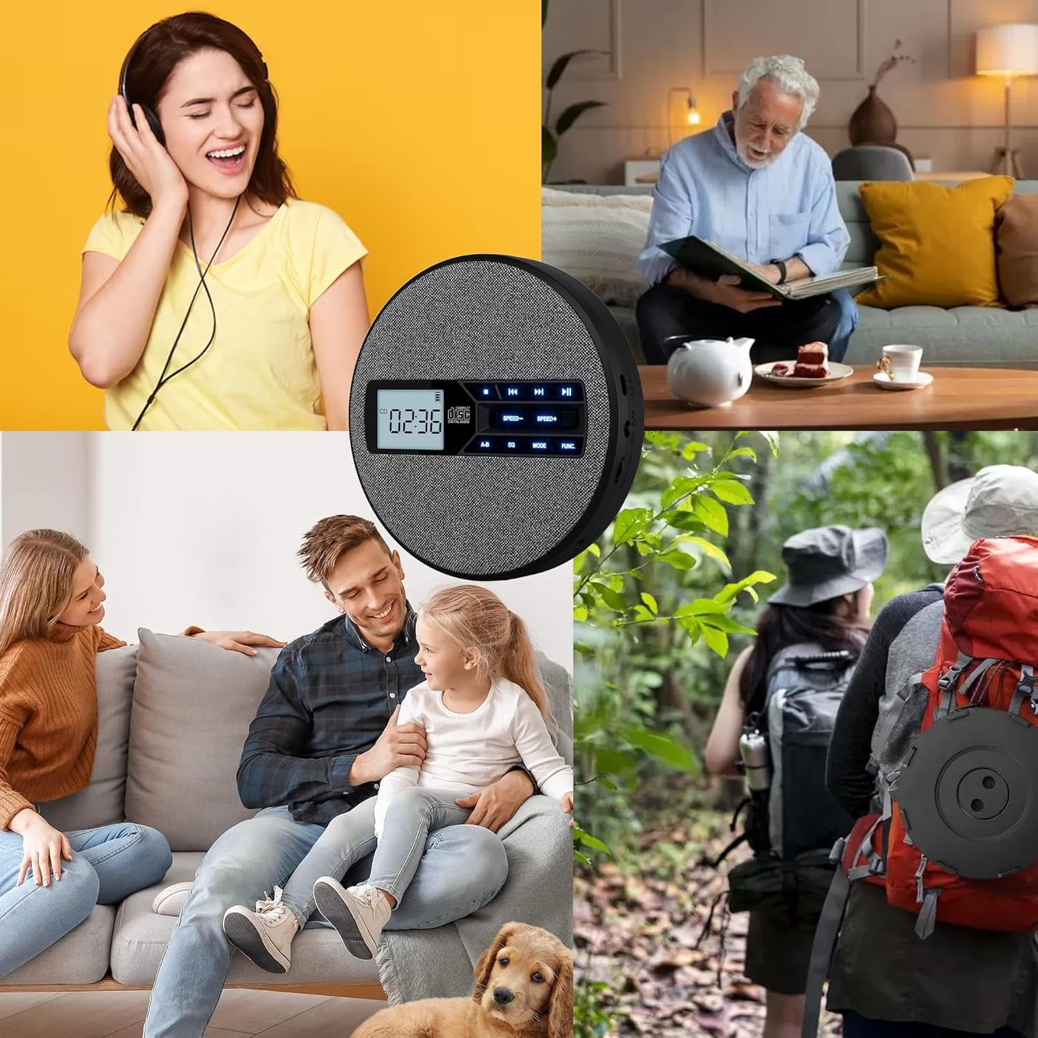 Portable CD Player with Bluetooth, Rechargeable, Anti-Skip, Dual Speakers, AUX, USB, Backlit LCD Display, 5 EQ, A-B Repeat, 10-Speed for Home, Car, Travel & Gifts