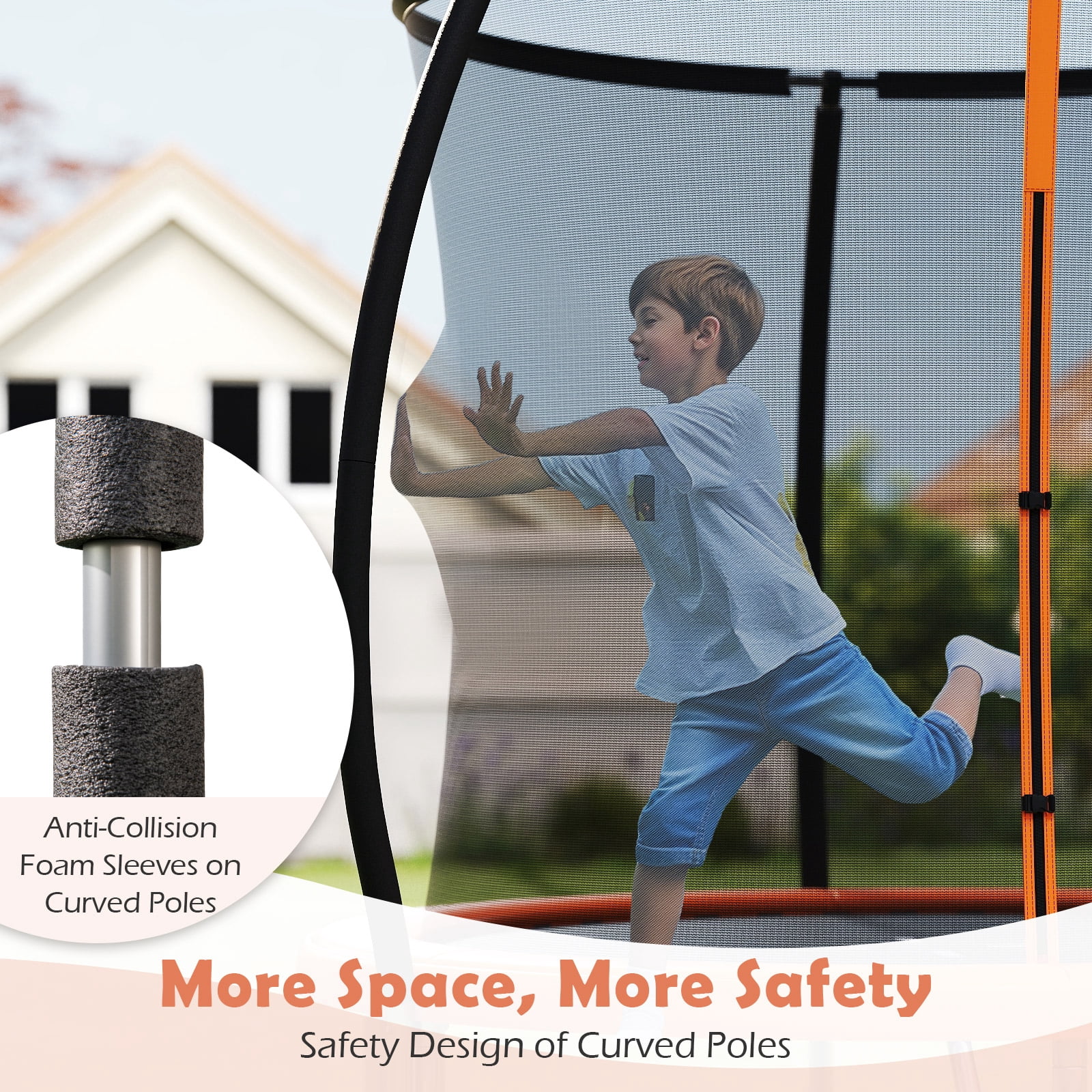Gymax Outdoor Trampoline w/Safety Enclosure Net & Anti-Rust Galvanized Steel Frame Orange